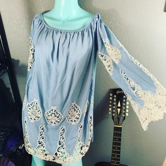 🦋 AWESOME Boho Crochet Lace Bell Sleeve Hippy Dress - Picture 4 of 6